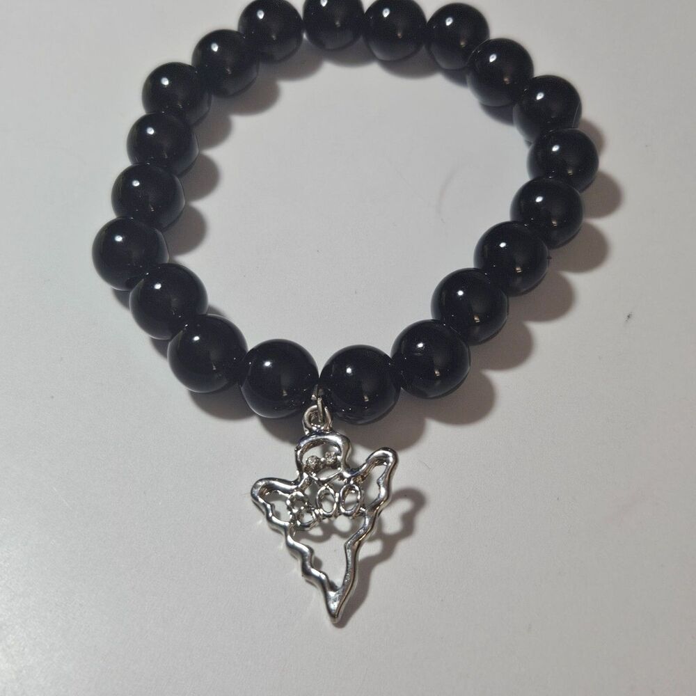Black Beaded Halloween Silver Tone Ghost Charm Stretch Bracelet 7"